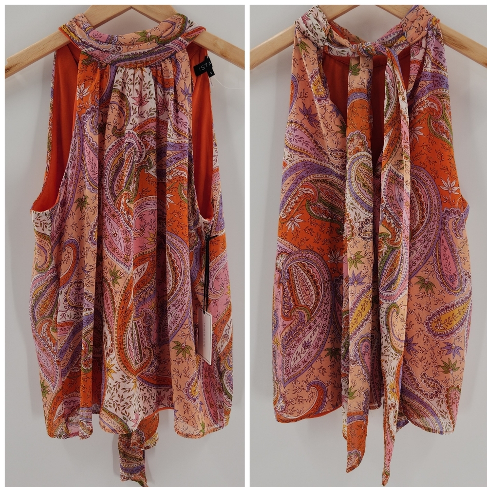 1. State Orange Paisley Sleeveless Halter Top w/ Tie Neck Womens Size Sm…
